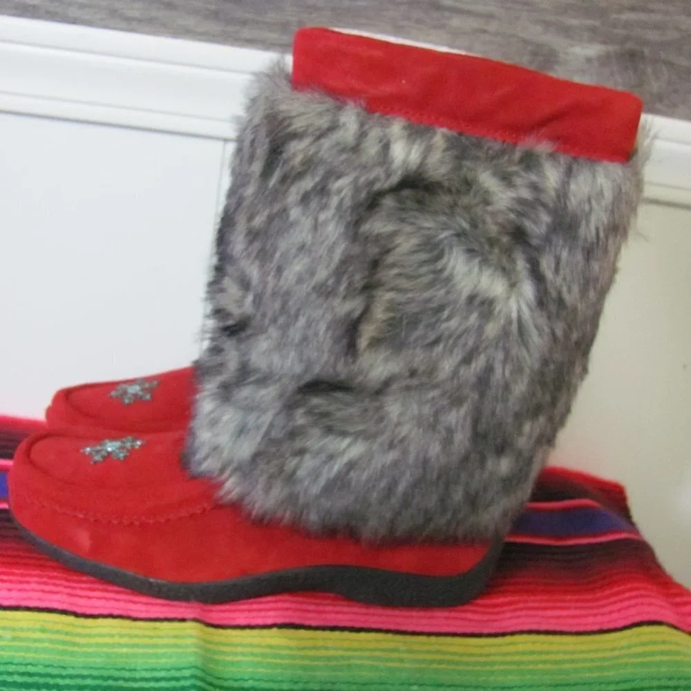 BARBO BOOTS LADIES FAUX SUEDE & FAUX FUR BOOT RED & BLACK